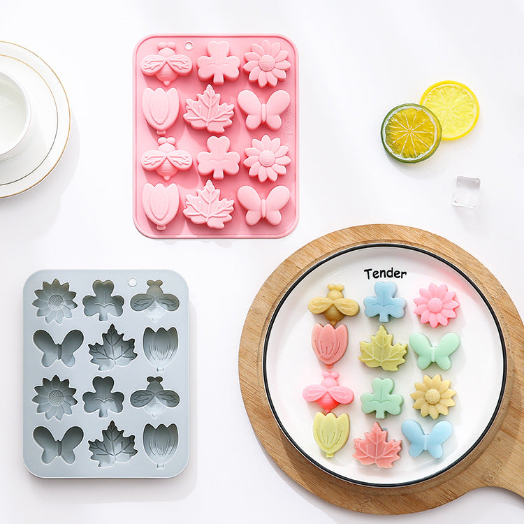12-piece silicone mold in the shapes of bees, butterflies, leaves, grass,