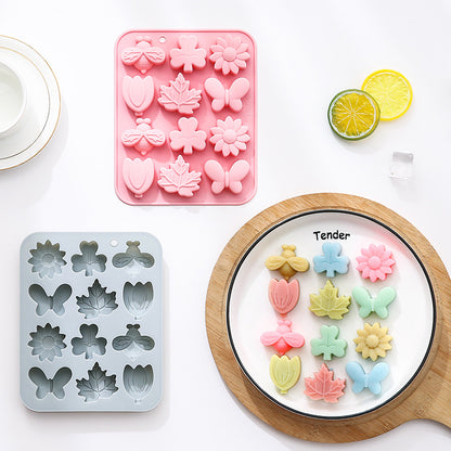 12-piece silicone mold in the shapes of bees, butterflies, leaves, grass,