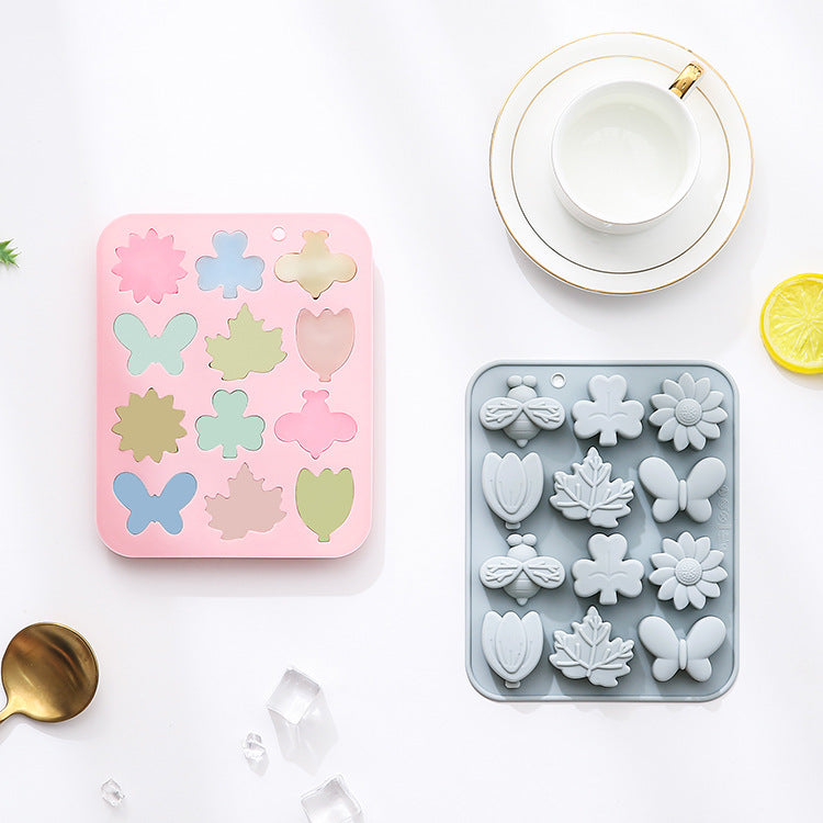12-piece silicone mold in the shapes of bees, butterflies, leaves, grass,