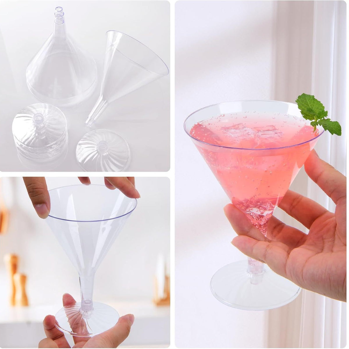 7oz clear cocktail glass, suitable, and single-use plastic champagne glasses.